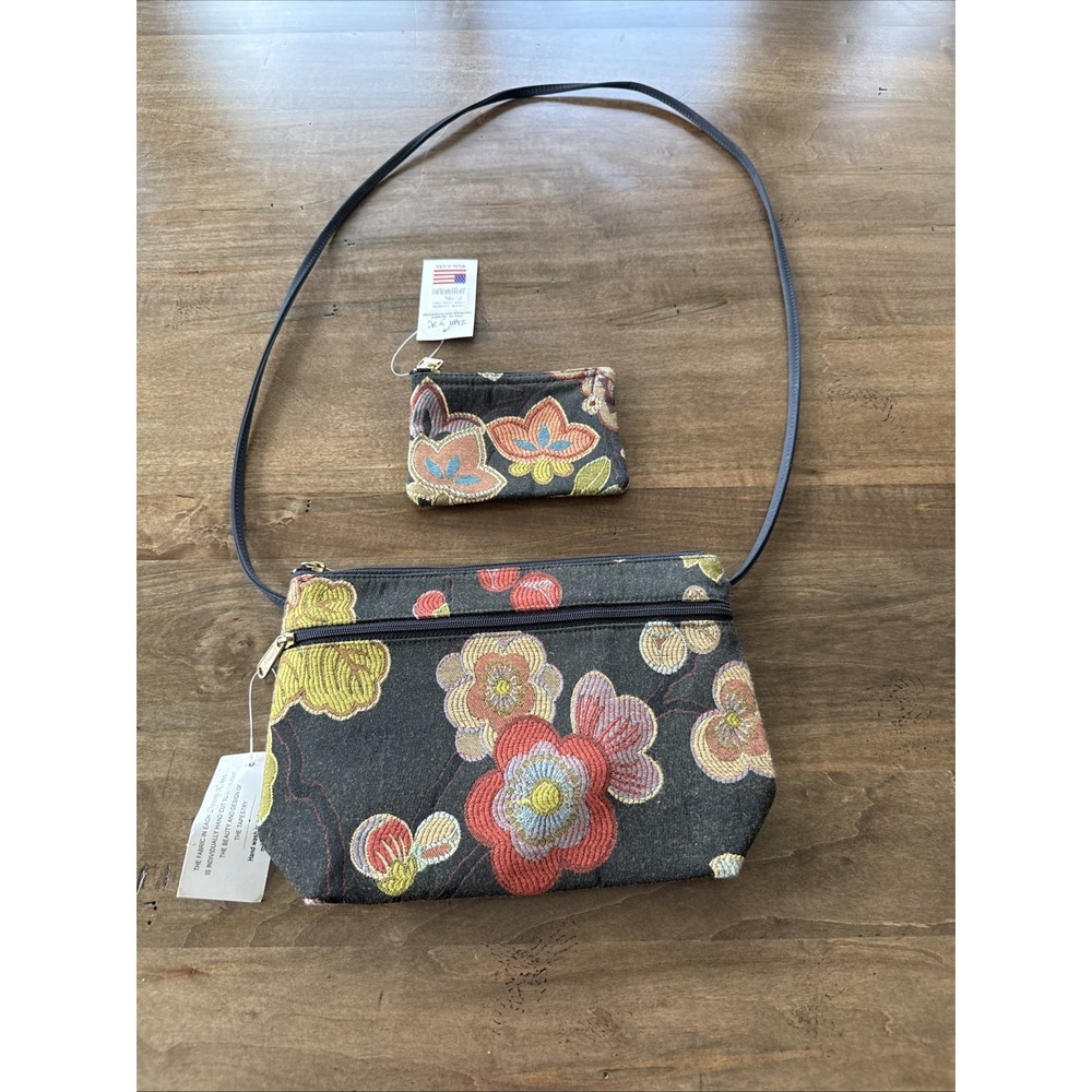 Danny K. Vintage Shoulder Bag Floral Black Gold Embroidered Zipper Strap purse